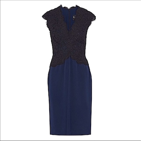Reem Acra Navy Silk-faille & Black Lace Dress - Picture 5 of 16